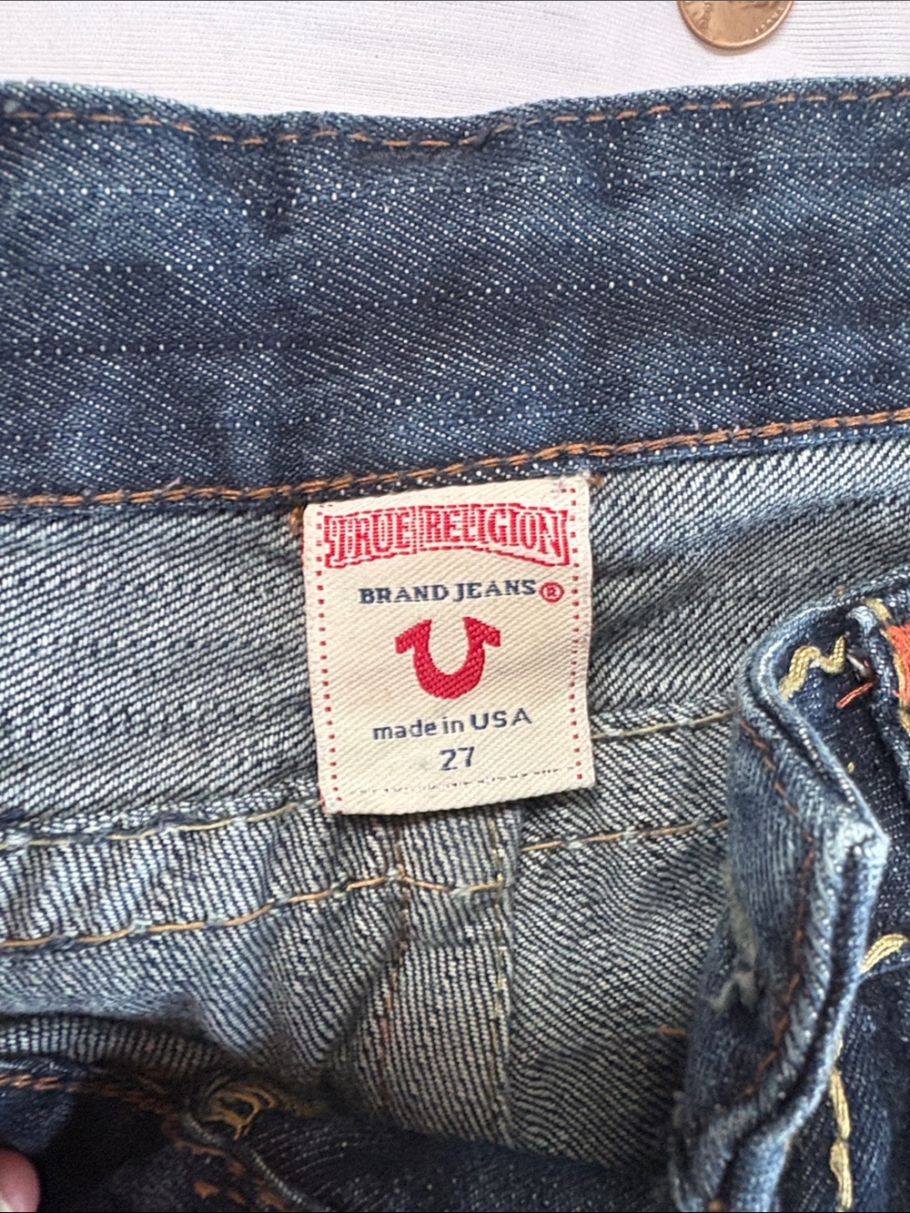 True Religion Jeans in Blue Denim with Red Logo Patch